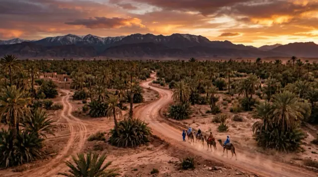 Piste de la Palmeraie de Marrakech avec les montagnes de l'Atlas au loin