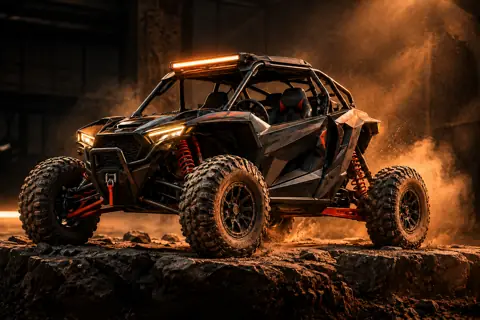 Buggy Polaris RZR noir et orange sur un rocher